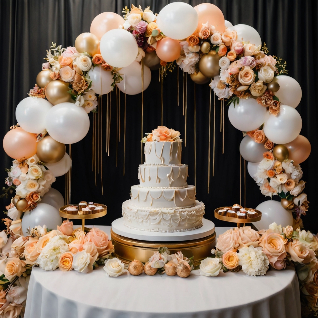A stunning backdrop featuring pastel balloons, floral garlands, and a gold baby name sign. A dreamy setting for a picture-perfect event.