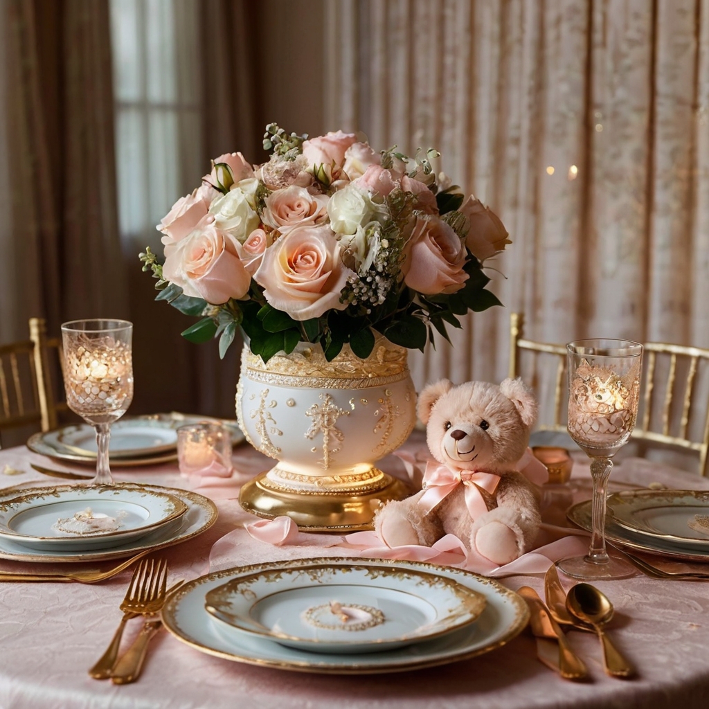 A plush teddy bear sits atop a pastel floral arrangement, creating a charming baby shower centerpiece. Soft lighting and gold accents add warmth and elegance to the décor.