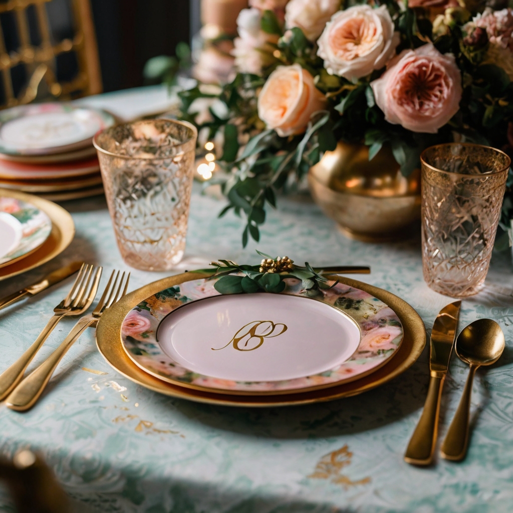 Baby-themed plates with gold foil accents and watercolor prints, perfectly matching the elegant table setting.