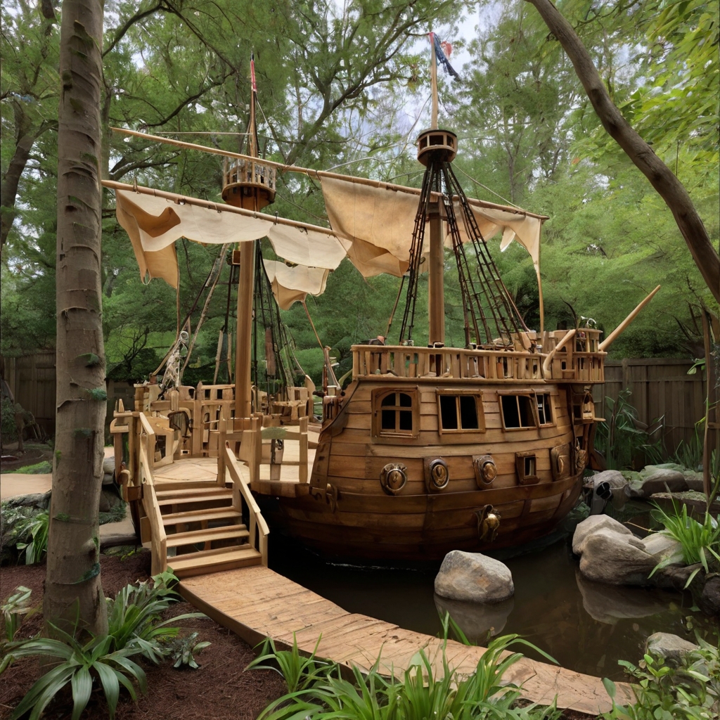 A backyard pirate ship with wooden masts and treasure maps. Kids explore castles, jungles, and secret adventure zones