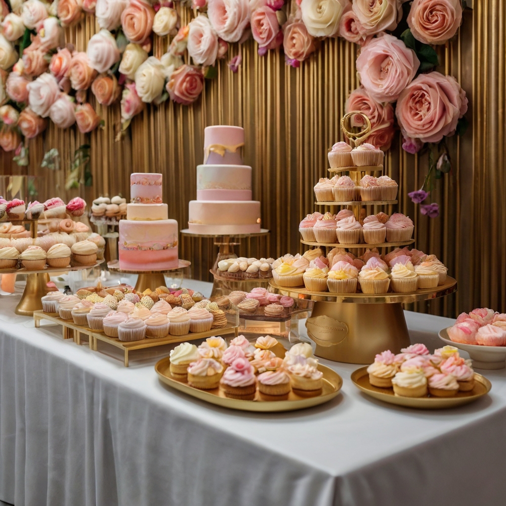 Multi-level dessert stands showcasing pastel cupcakes and cookies, arranged elegantly for a visually stunning display.