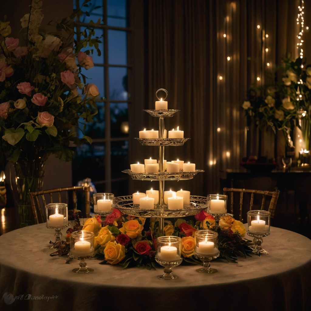 A multi-tiered serving stand displays candles and floral accents. Fairy lights add a soft glow, creating a festive ambiance.