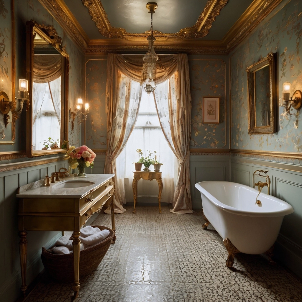 A vintage Victorian bathroom with an ornate gold mirror reflecting soft candlelight. Delicate pastel wallpaper and brass fixtures add warmth and sophistication.