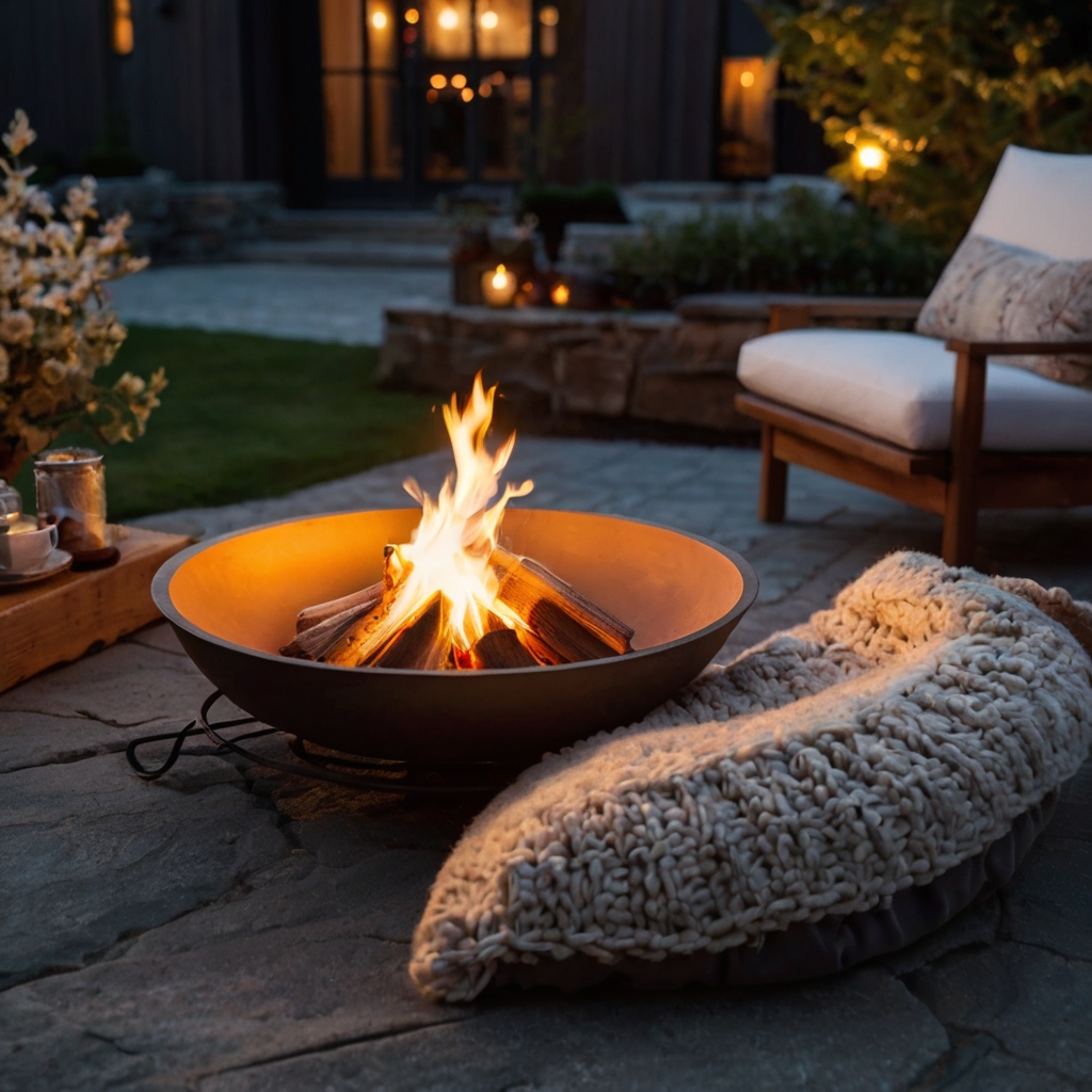 A cozy outdoor patio at night, featuring a small fire pit casting a flickering golden glow. Lounge chairs with soft cushions and blankets create an intimate, warm atmosphere.