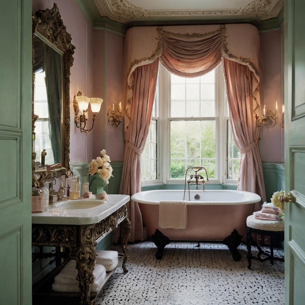 A compact Victorian bathroom with a pastel-hued bathtub and tiered shelving. Vintage perfume bottles and ornate crown molding enhance the old-world charm.