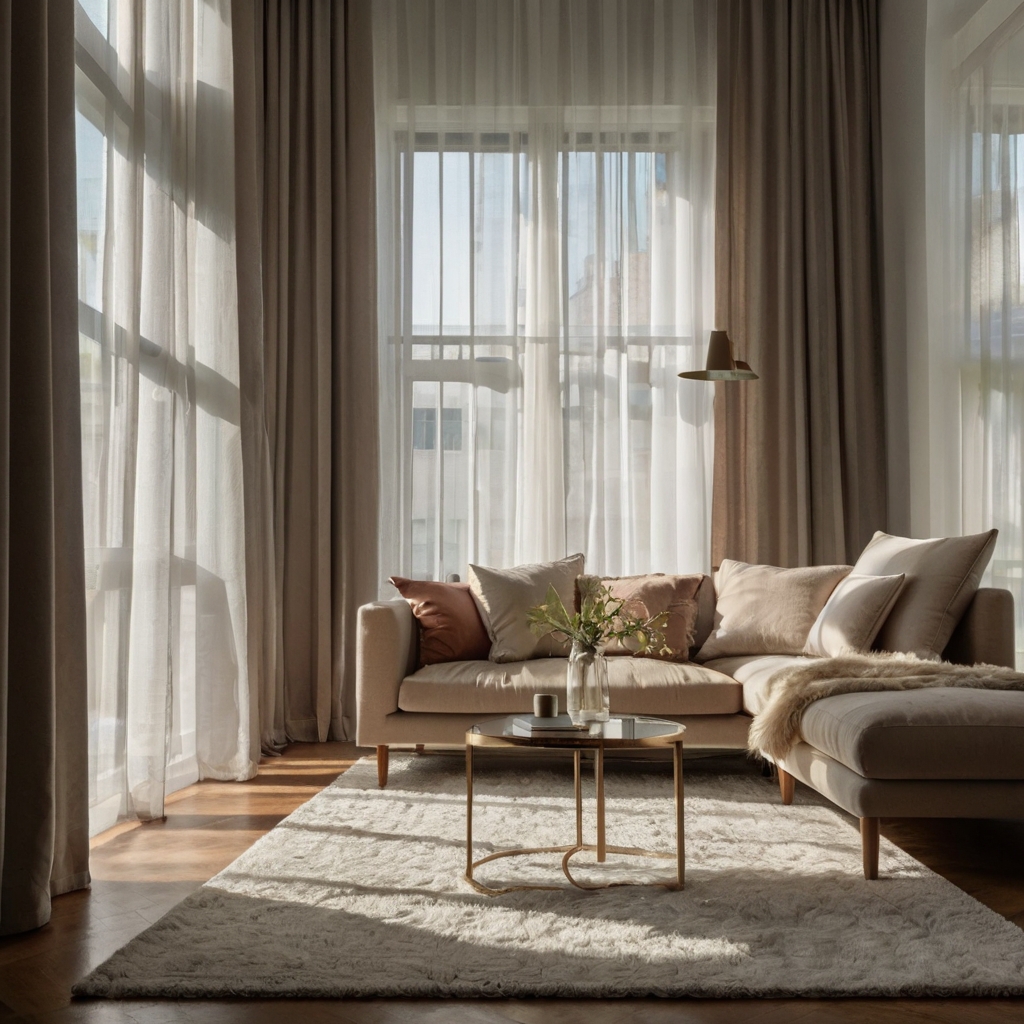 Floor-length sheer white curtains hung high to enhance vertical space. Natural light flows in, making the room feel taller.