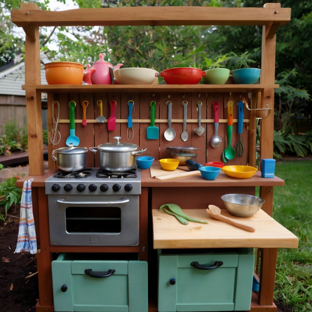 A charming toy kitchen with mini utensils, play food, and a tiny stove ready for pretend cooking. Little hands mix, chop, and serve, bringing imaginative meals to life.