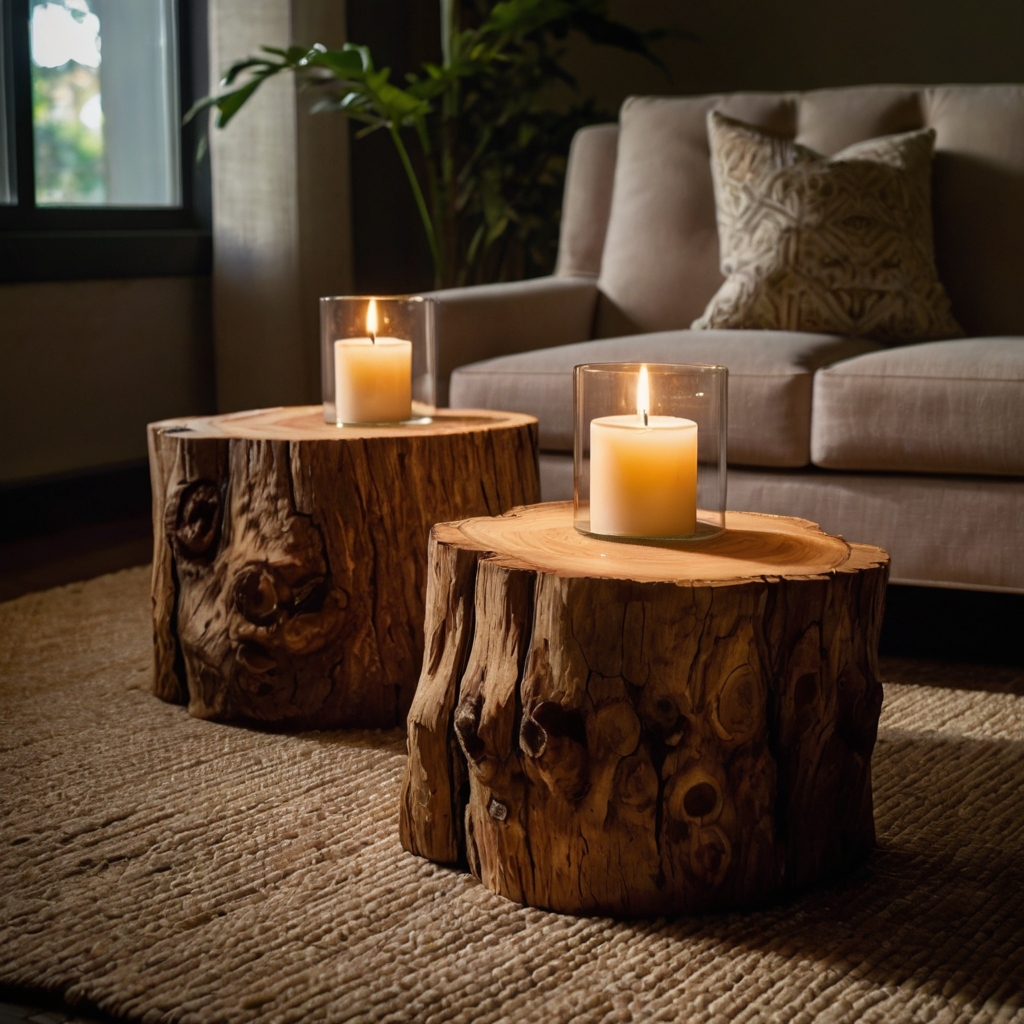 A polished tree stump side table with bark edges beside a linen-upholstered sofa. Warm candlelight reflects off the surface, showcasing its natural beauty.