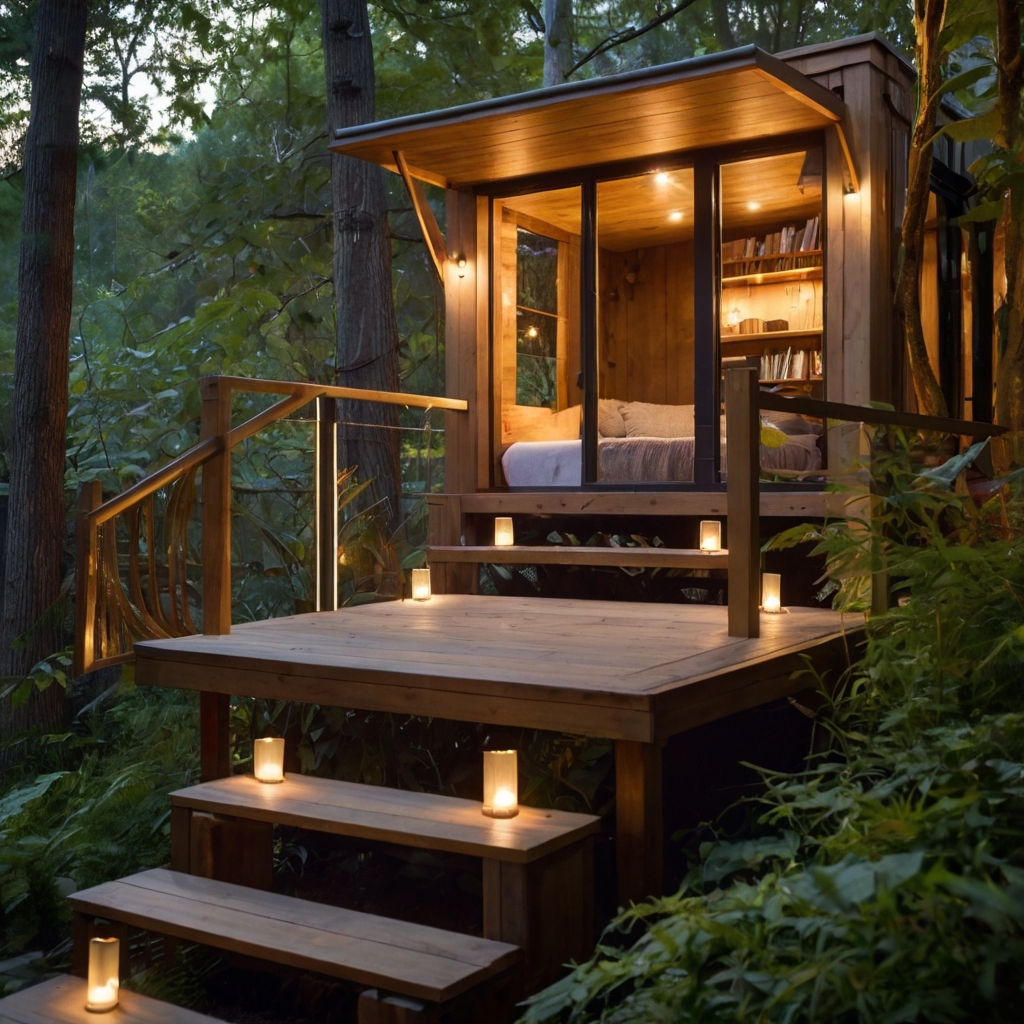 A cozy treehouse nestled in leafy branches, glowing with fairy lights. Kids climb up for quiet reading, games, and magical hideouts.