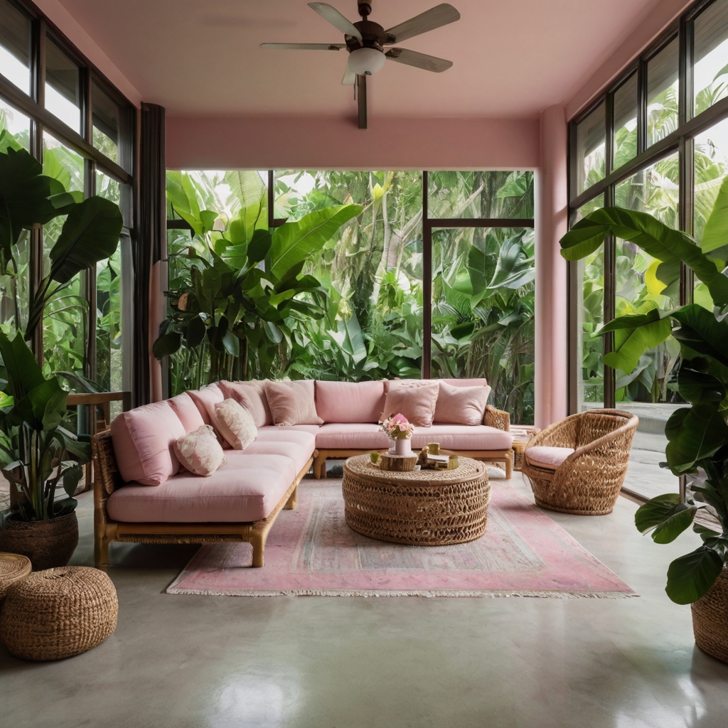 A pink couch surrounded by lush green plants and rattan furniture. Bright sunlight creates a tropical, airy feel.