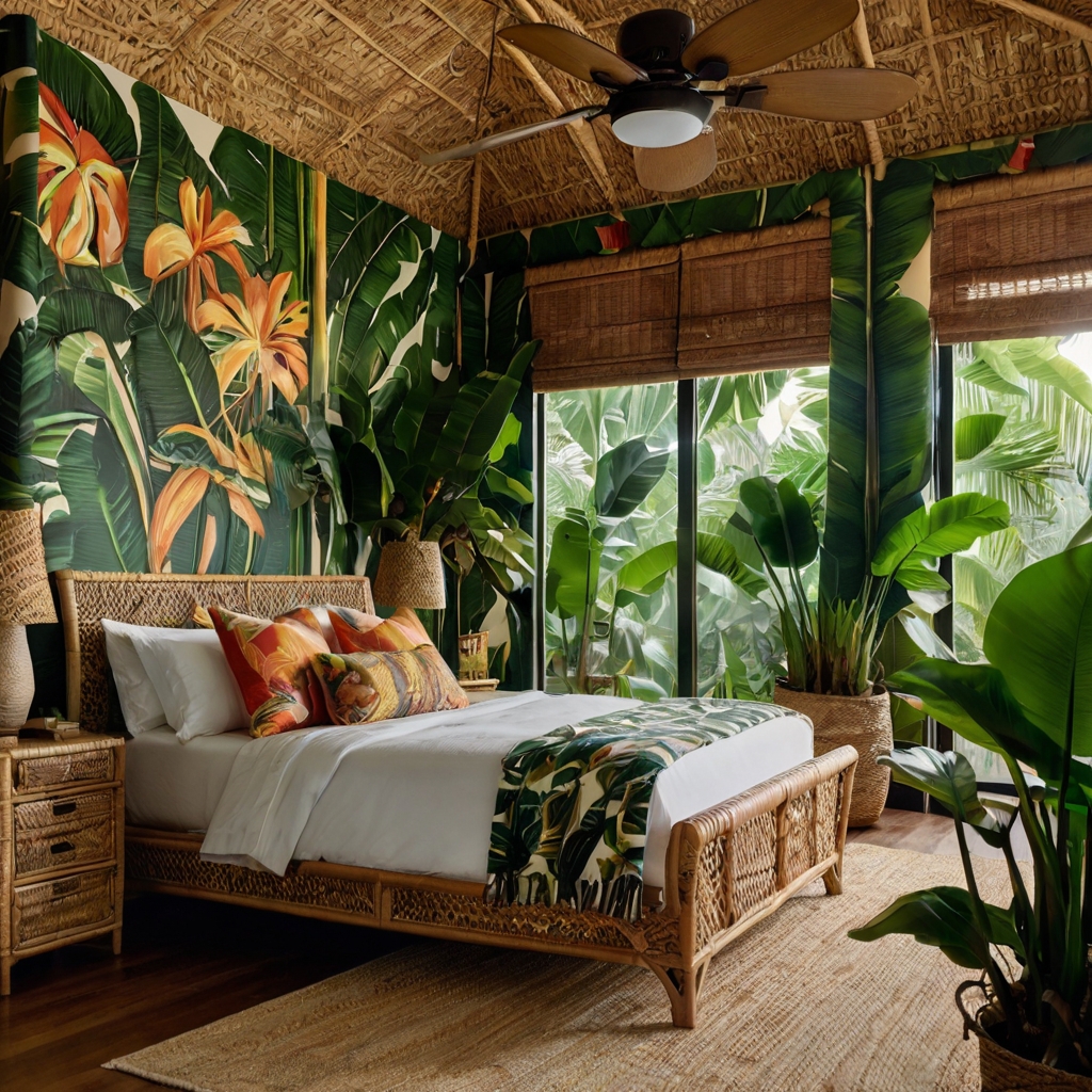 A tropical-inspired bedroom with oversized banana leaves and bold prints. The room glows with warm lighting, simulating a sunset glow.