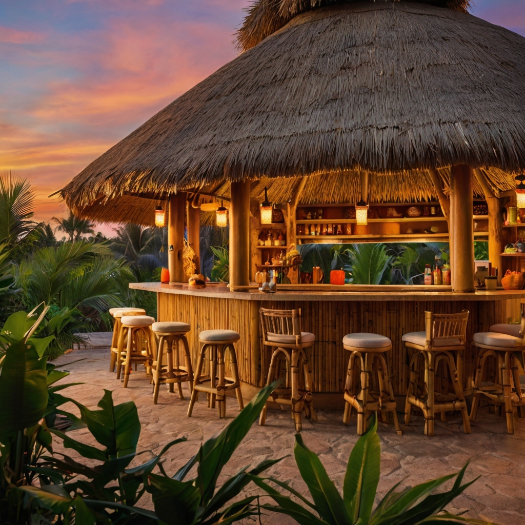 A lively tiki-themed outdoor kitchen with a thatched roof, bamboo accents, and an open-flame grill. The ultimate island-style cooking space.