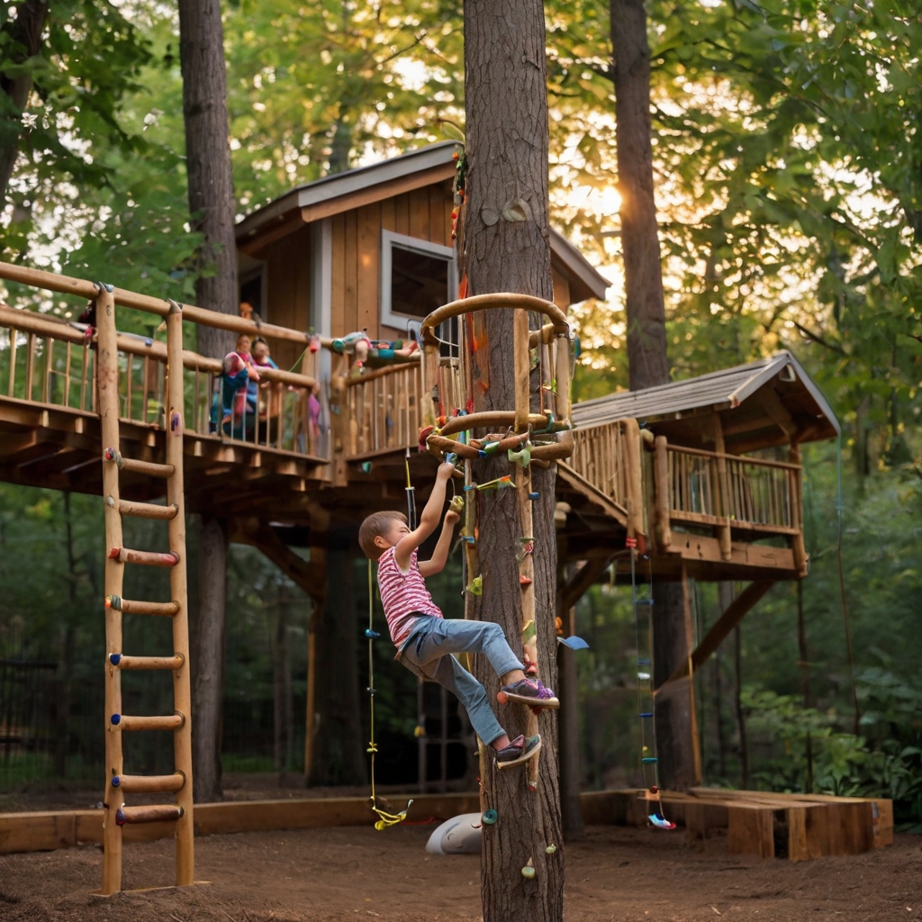 A backyard adventure zone with treetop bridges, zip lines, and rock walls. Kids climb, swing, and conquer exciting outdoor challenges.