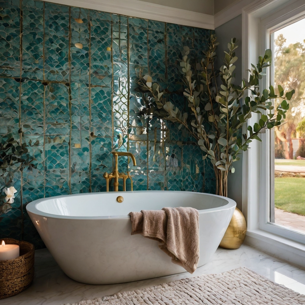 A spa-like bathroom with turquoise tiles and brass fixtures. Soft candlelight adds a serene glow.