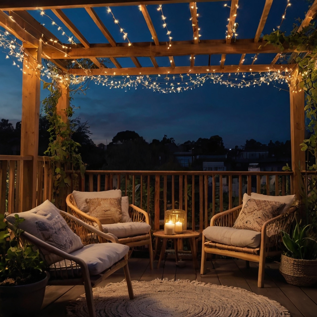 A dreamy balcony at dusk adorned with fairy lights, casting a warm glow against the twilight sky. Cozy seating with boho cushions and greenery enhances the magical ambiance.