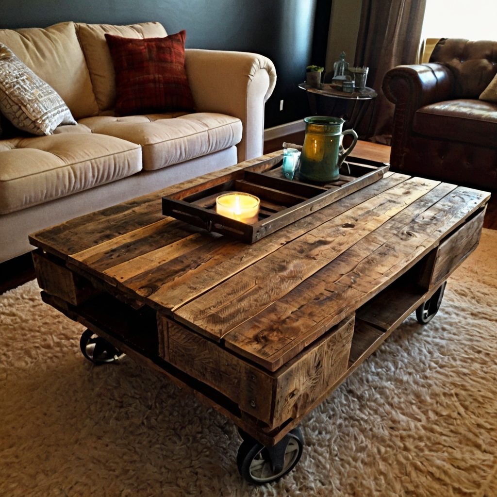 A repurposed wooden pallet turned into a rustic coffee table with metal wheels. A warm glow from pendant lighting enhances the wood’s distressed finish.