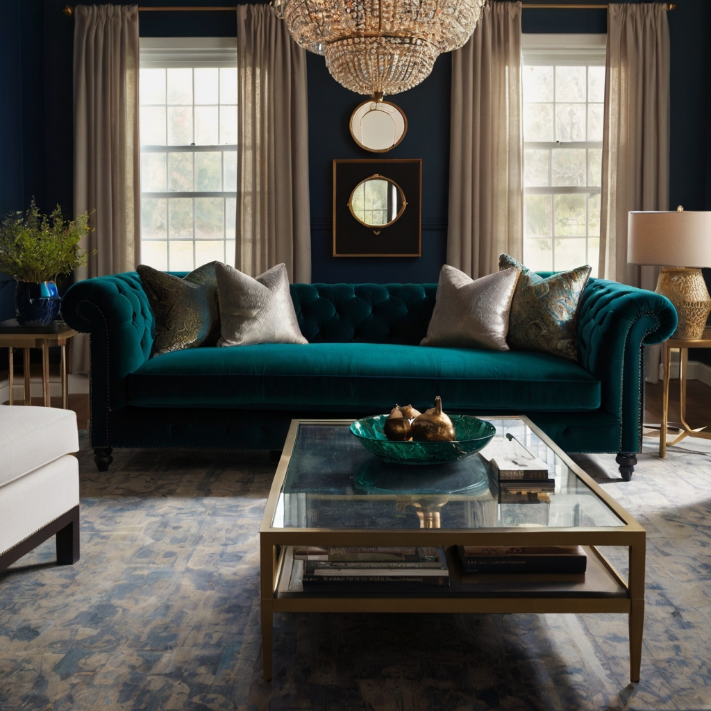 A plush velvet sofa in deep jewel tones sits elegantly in a cozy living room. Soft lighting enhances the rich fabric, creating a warm and luxurious ambiance.