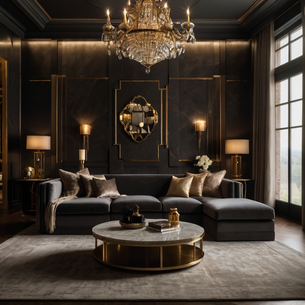 A dark grey velvet sofa with gold cushions exudes warmth and luxury. Soft lighting highlights the rich textures and elegant décor.