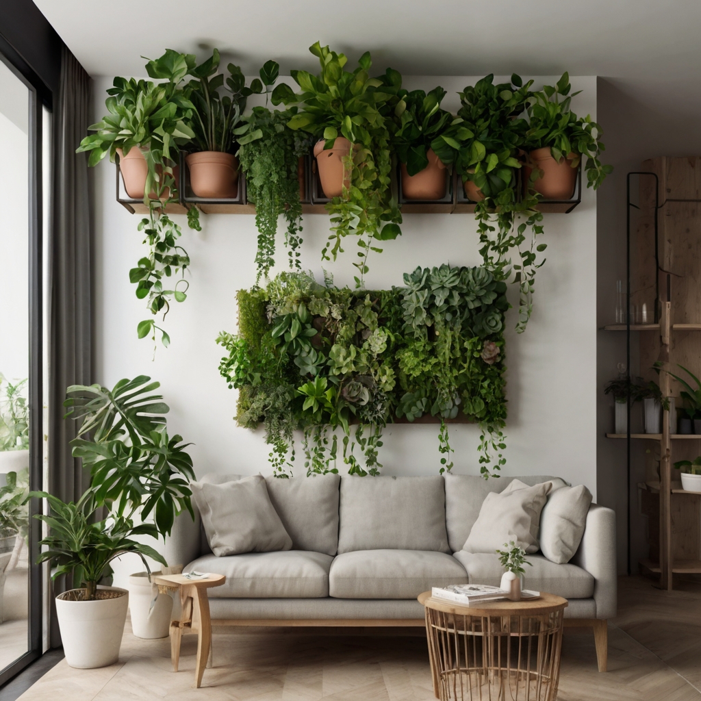 A charming small apartment with wall-mounted planters and hanging pots. Lush greenery contrasts beautifully with the neutral decor.