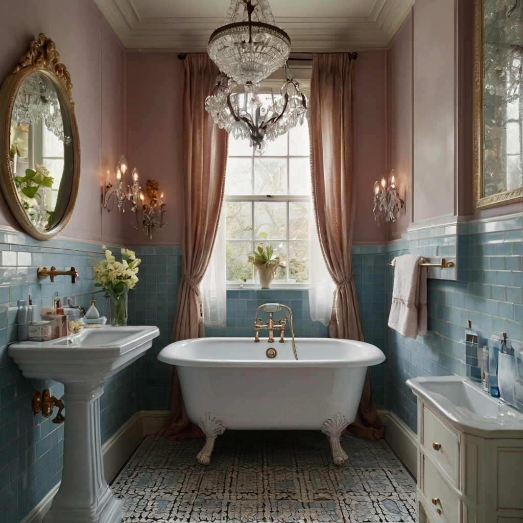A small Victorian bathroom with intricate mosaic tiles and a vintage pedestal sink. A crystal chandelier casts shimmering reflections on pastel-toned walls.