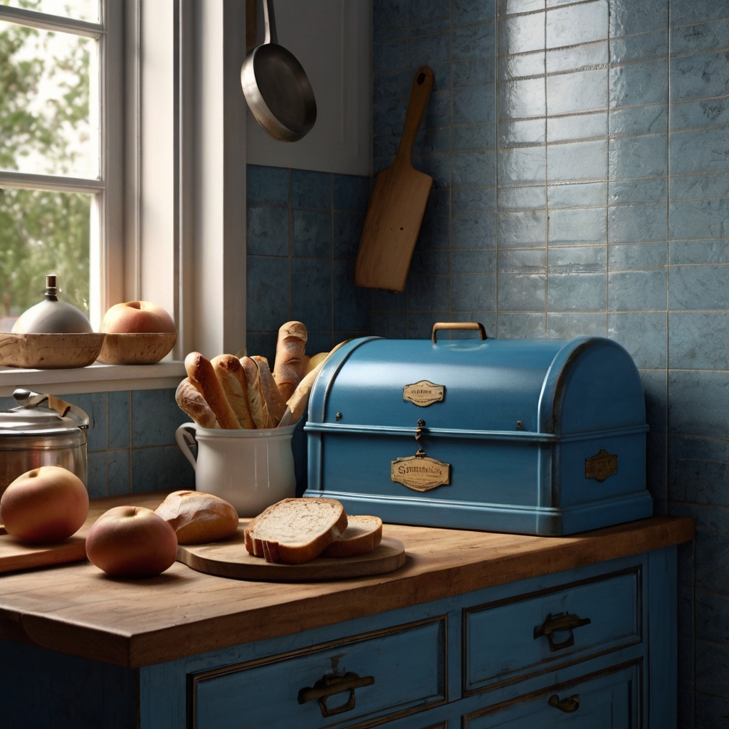 Place a vintage blue bread box on your countertop for rustic charm. Its faded color and classic design add both beauty and functionality to your kitchen.