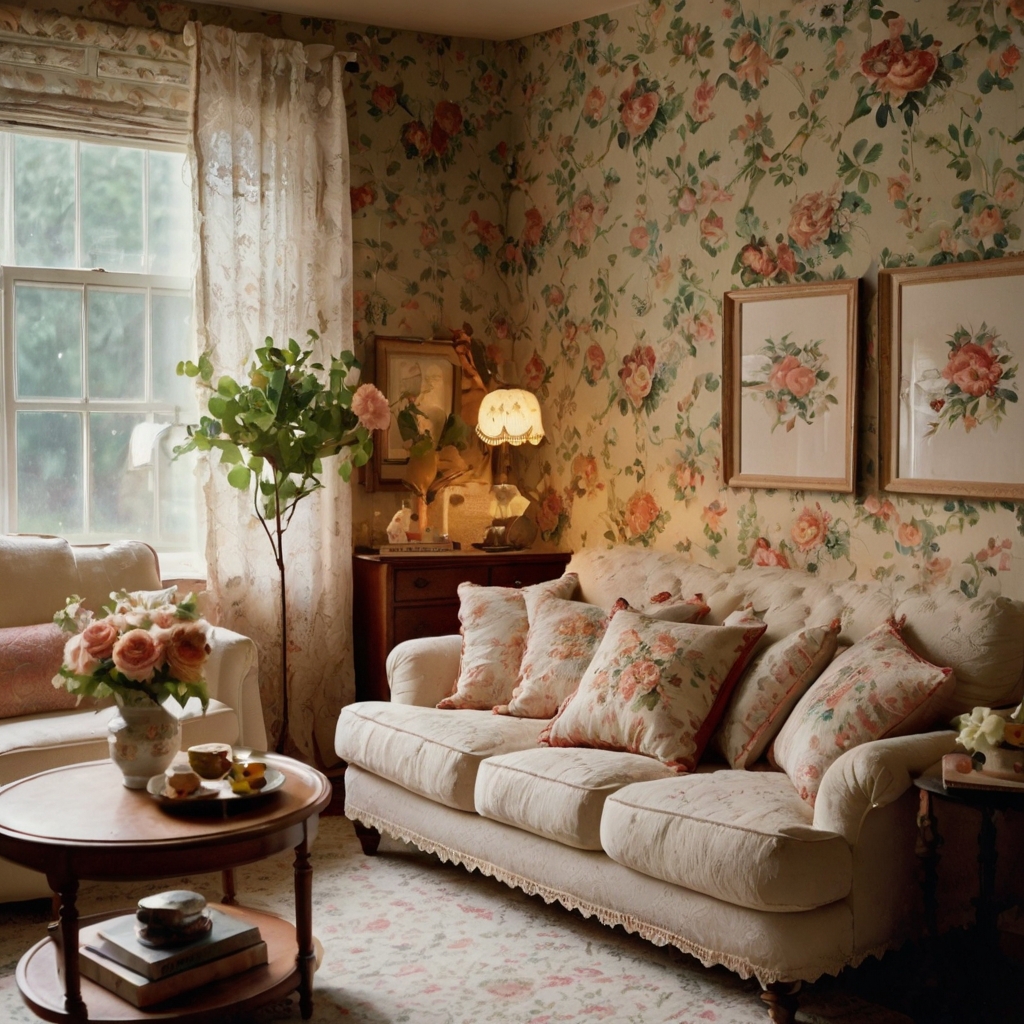 A cozy vintage living room with floral wallpaper and lace cushions. Soft lighting enhances the nostalgic feel.