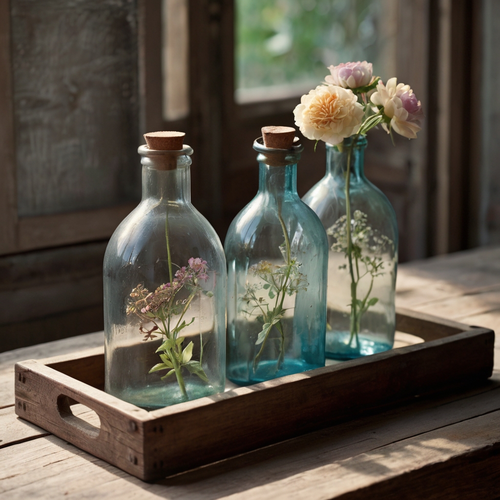 Antique glass bottles hold delicate flowers on a rustic tray. Soft lighting filters through, enhancing their nostalgic charm.