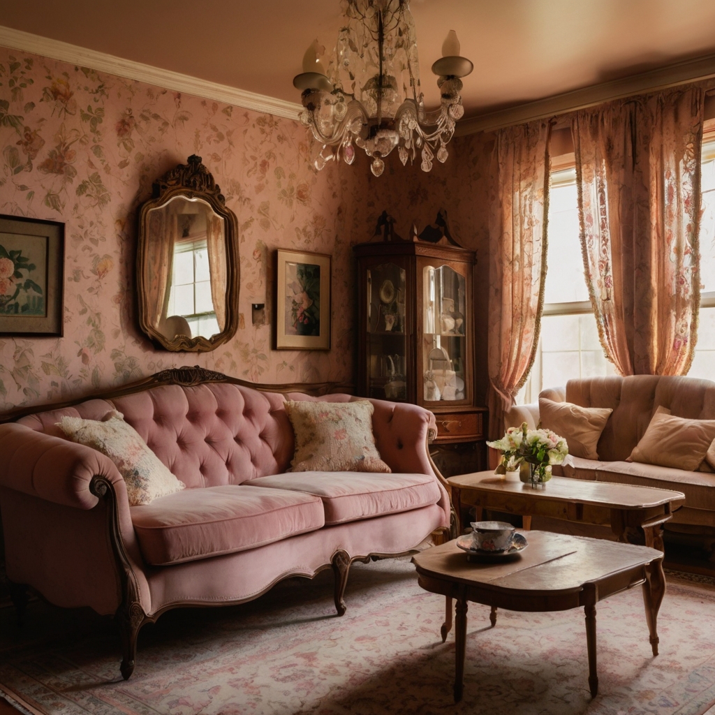 A dusty rose couch with floral wallpaper and antique furniture. Warm golden lighting enhances the nostalgic feel.