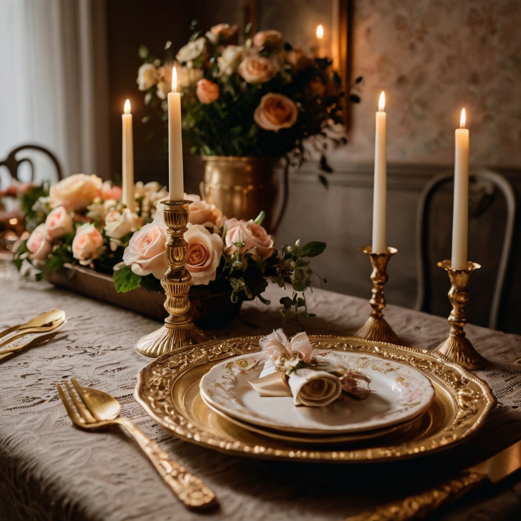 Antique gold trays, lace runners, and fine china creating a nostalgic and elegant vintage-style baby shower table.