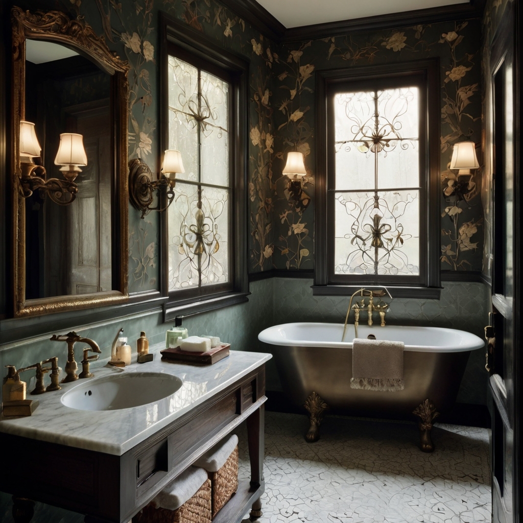 A snug Victorian bathroom with marble countertops and antique brass faucets. Frosted floral glass panels diffuse soft natural light for a timeless look.