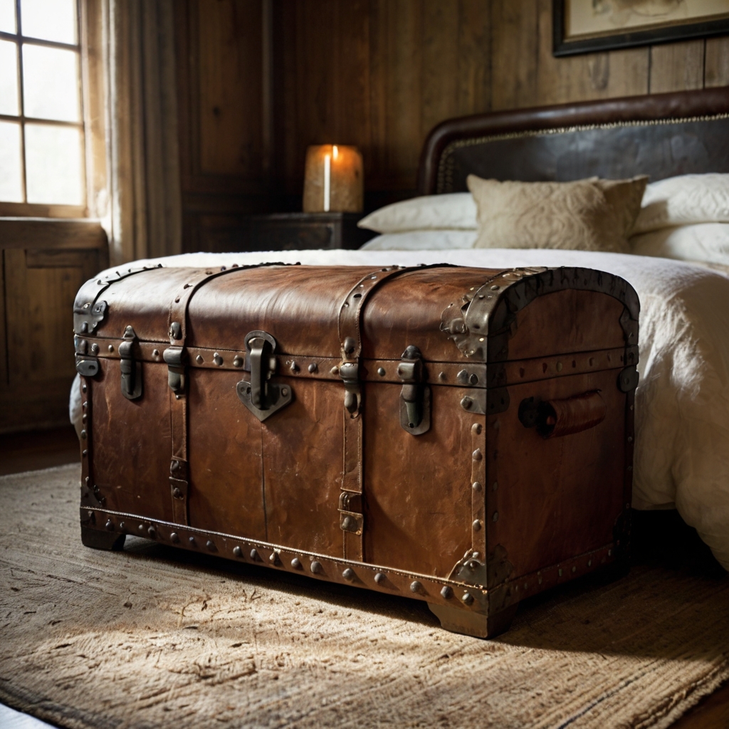 A distressed leather and wood trunk at the foot of a rustic bed. Aged metal rivets and worn textures add antique charm under soft morning light.