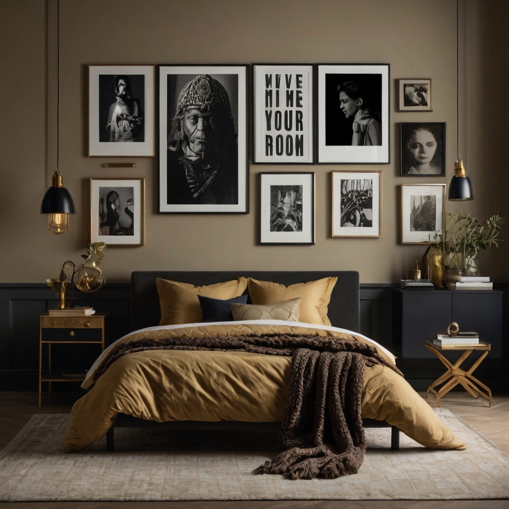 A stylish gallery wall with framed art, personal photos, and modern typography prints.