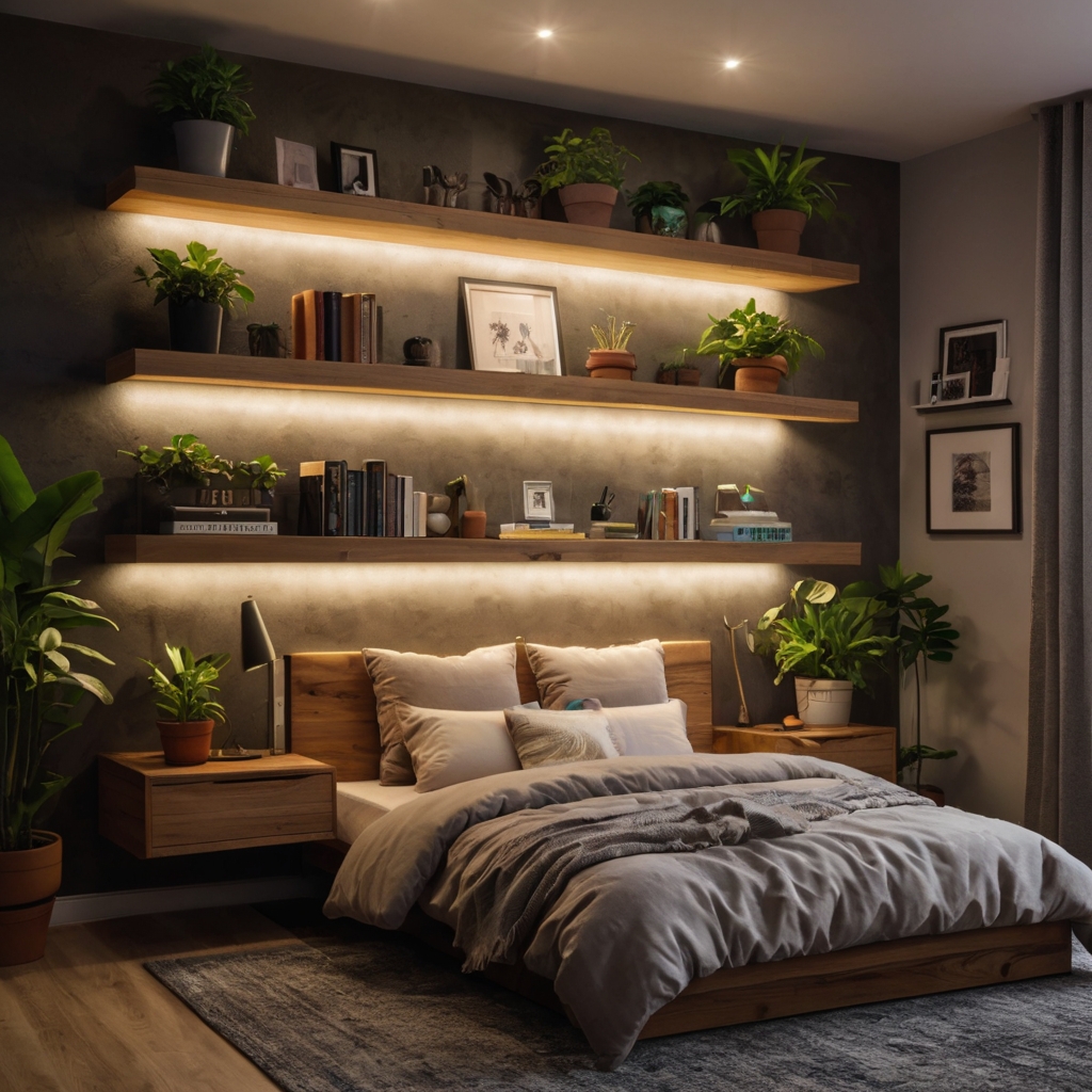 Floating wooden shelves above a bed holding books, plants, and decor, saving space stylishly.