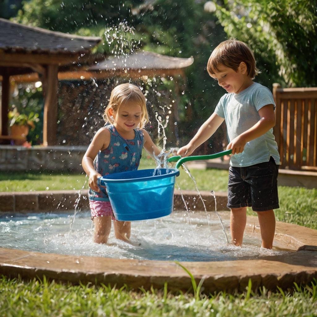 A backyard water park with spinning sprinklers and a mini waterfall. Kids splash, pour, and cool off under the bright summer sun.