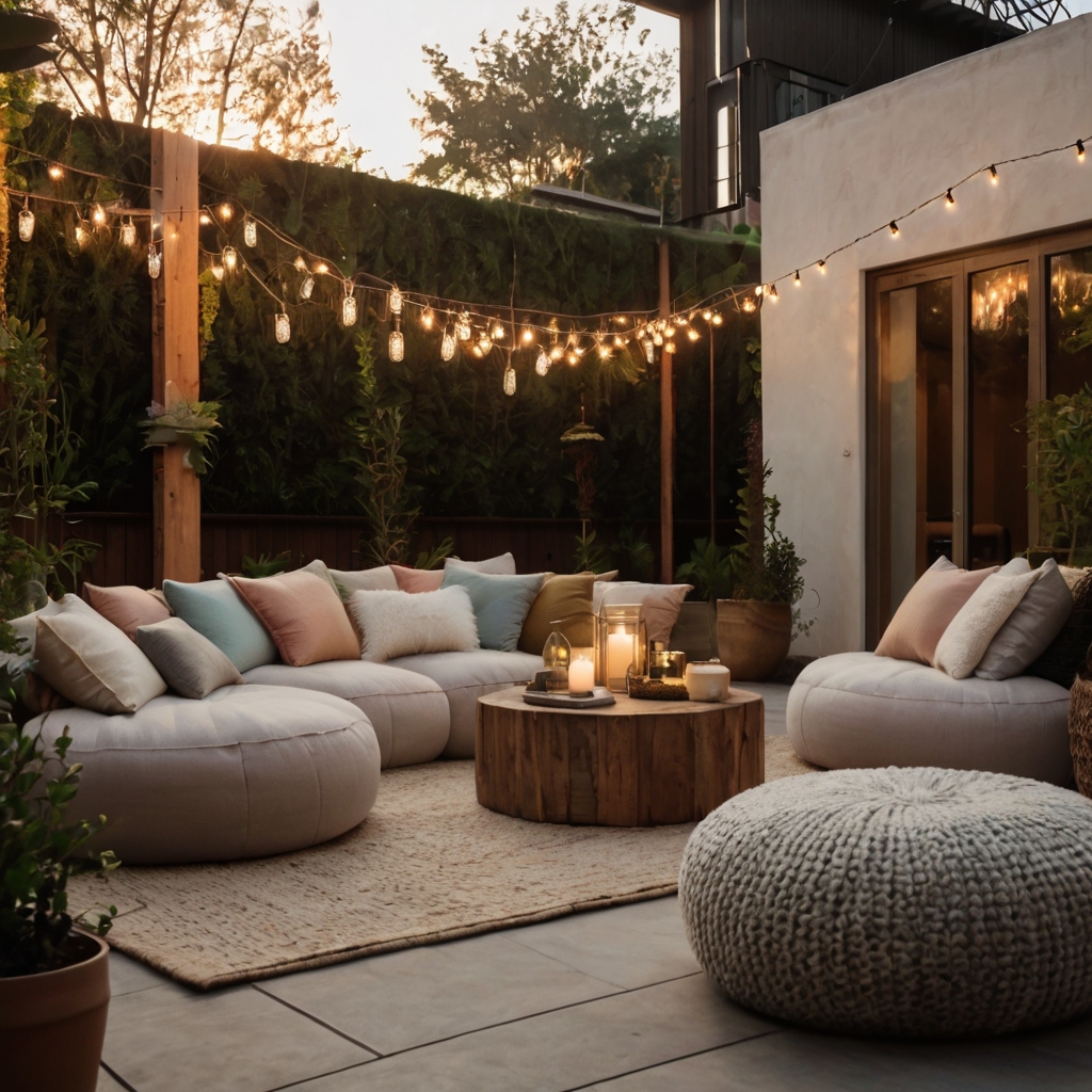 A relaxed outdoor lounge with plush, waterproof poufs in soft, earthy hues. A wooden table with a cup of tea and an open book adds a cozy touch.