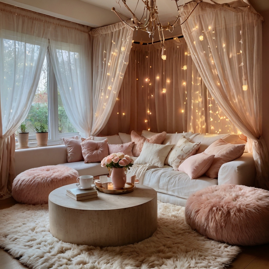 A dreamy living room with a sheer white canopy draped over plush seating. Twinkling fairy lights and pastel cushions create a cozy retreat.