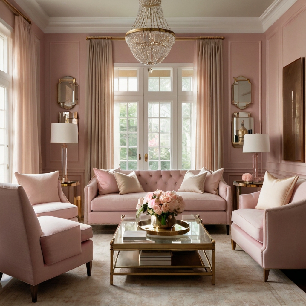 A feminine living room with soft pink, ivory, and beige decor. Gold accents and cozy textiles refine the space.