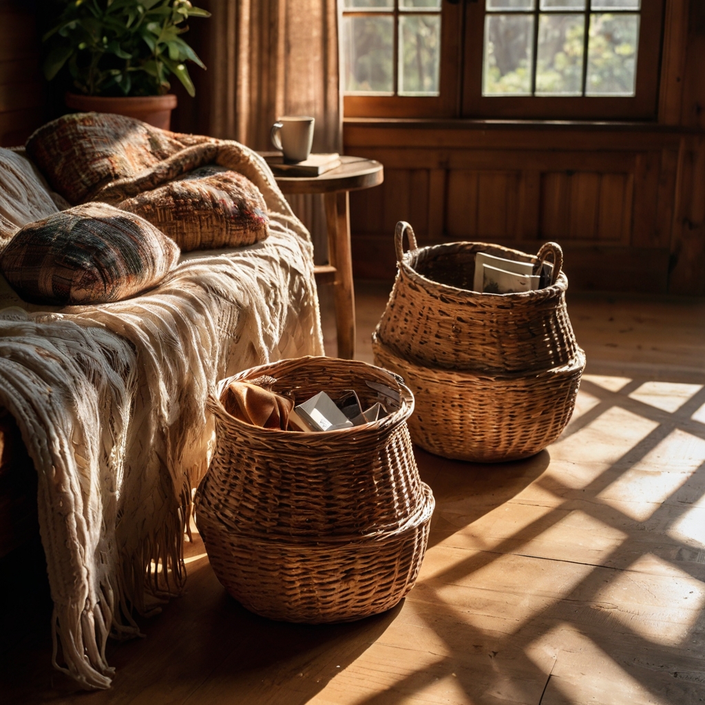 Handwoven wicker baskets under a wooden coffee table, filled with soft blankets and books. Sunlight casts shadows, highlighting the rustic texture of the baskets.