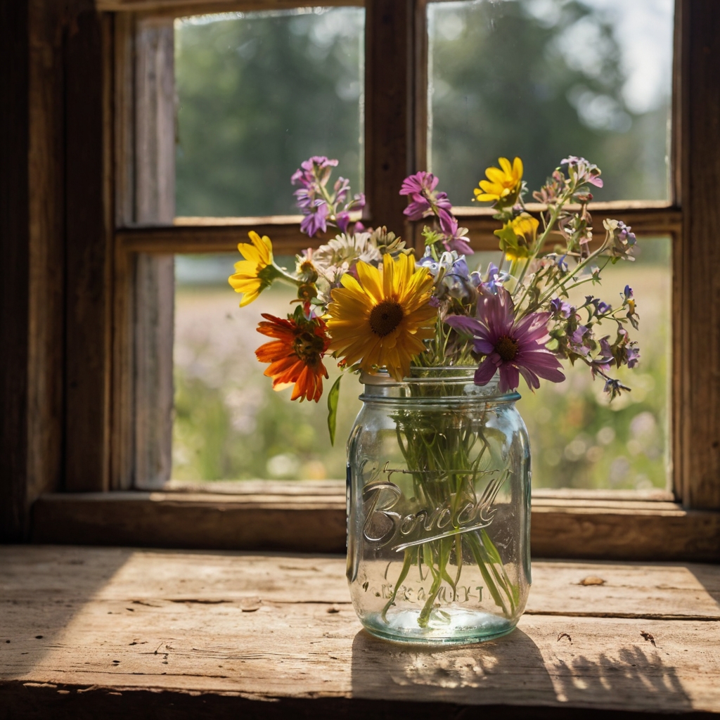 A mason jar filled with fresh wildflowers sitting on a weathered wooden table. Soft sunlight highlights the delicate petals, adding rustic charm.