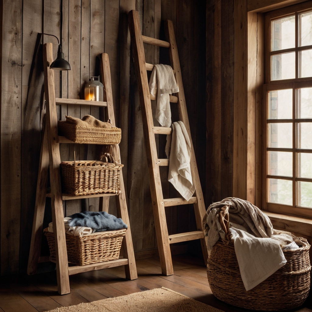 A rustic wooden ladder holding folded linen blankets against a farmhouse bedroom wall. Warm lighting highlights the weathered wood, blending function with charm.