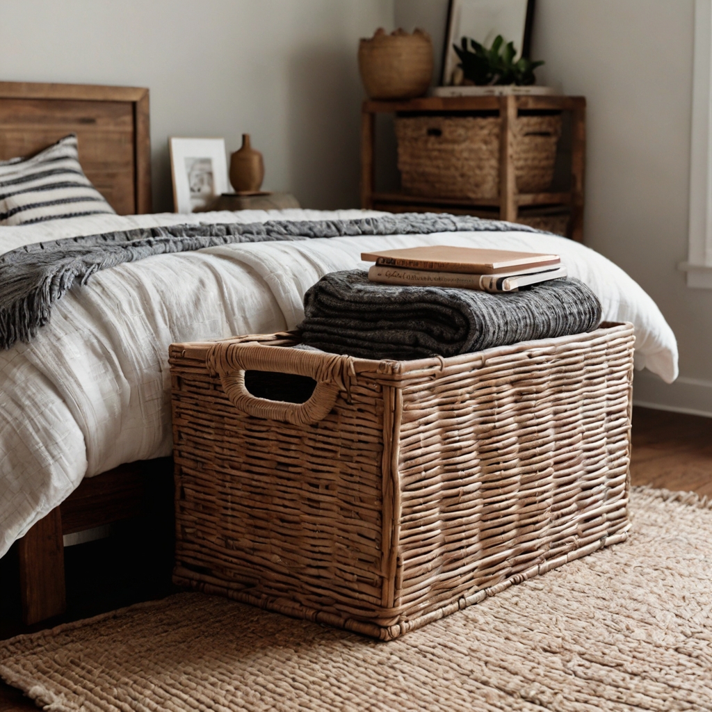 Natural woven baskets under a bench, storing essentials while adding rustic charm.