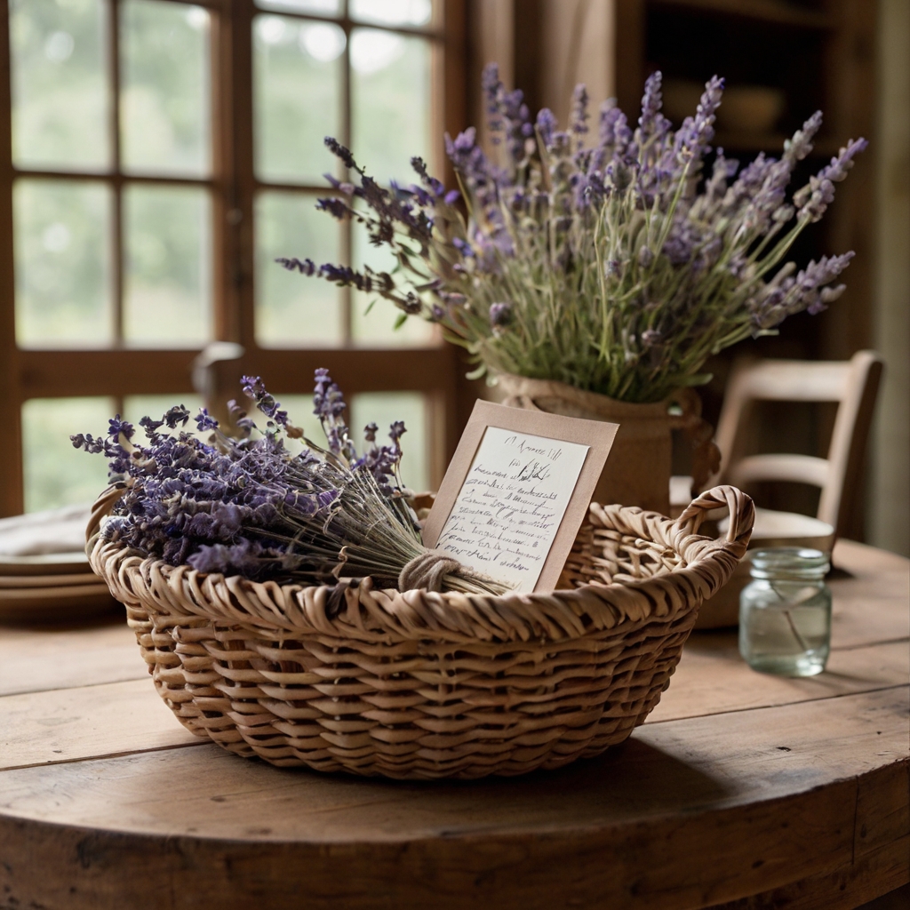 A rustic woven basket with dried lavender and wildflowers sits on a table. A ribbon and note add a charming, vintage feel.