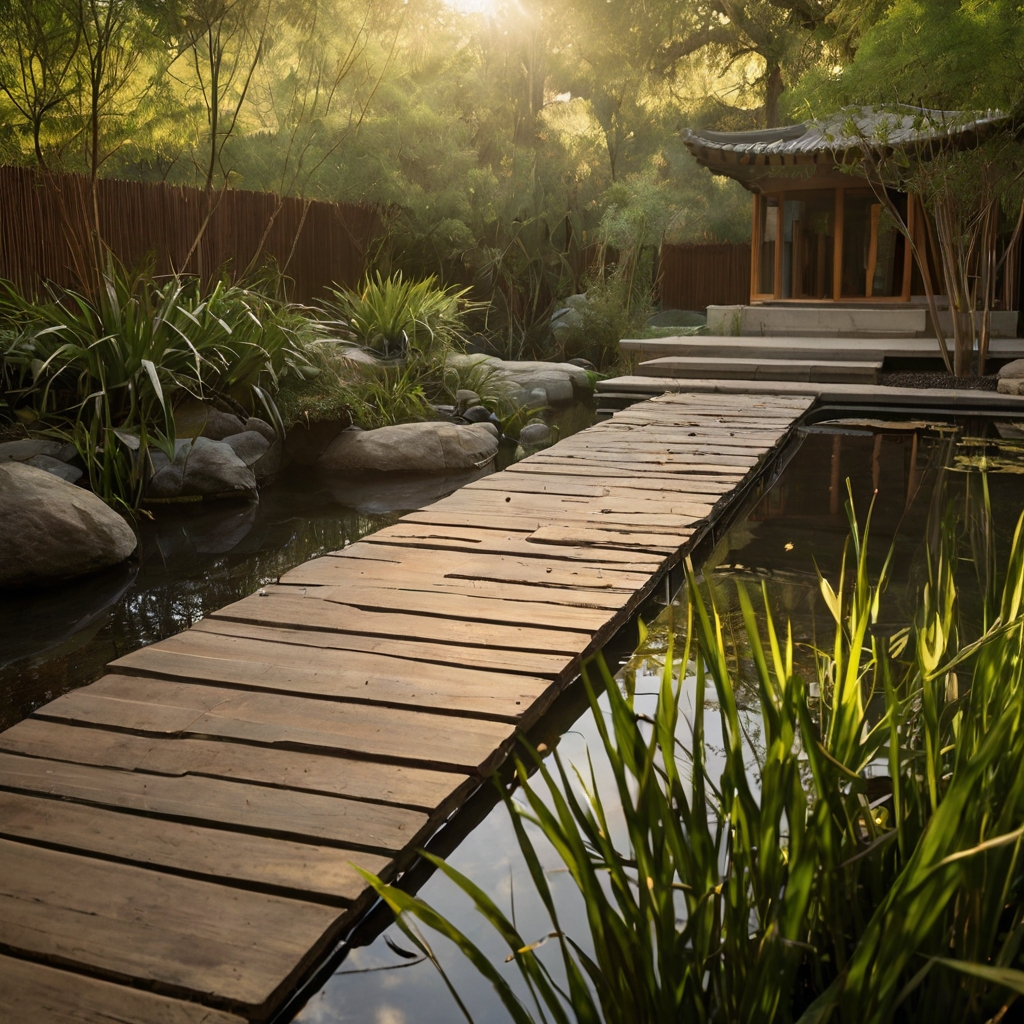A peaceful meditation retreat with a stone path, bamboo swaying, and a soft trickling water feature.