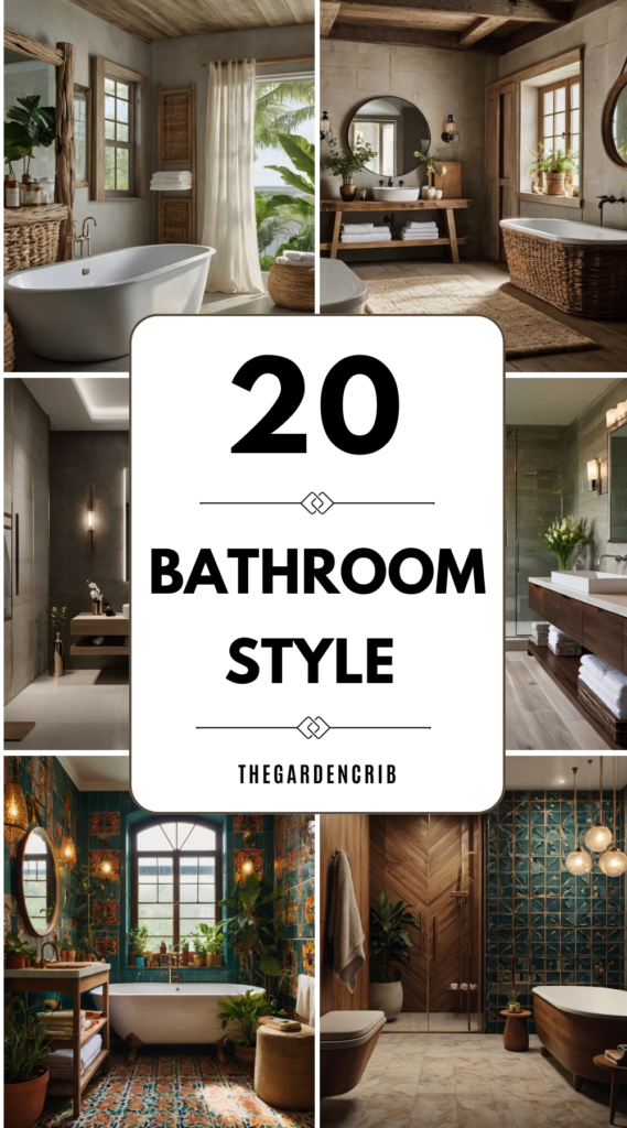 Realistic bathroom designs showcasing minimalist, vintage, rustic, coastal, and glam styles. Each space highlights unique textures, mood lighting, and authentic décor details.