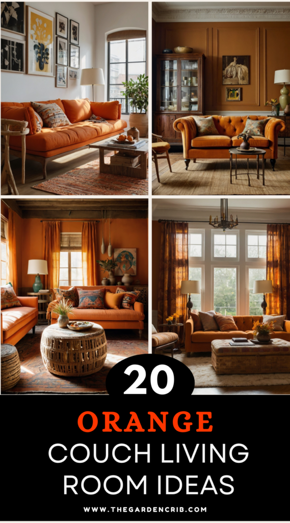 Orange couch living room ideas showcasing cozy, modern, and retro vibes with bold colors and soft lighting.
Each setup highlights warm textures, natural light, and stylish decor for a balanced aesthetic.