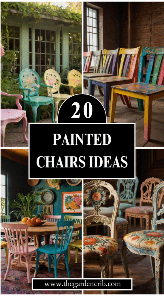A collection of 20 unique painted chair ideas, featuring vibrant, distressed, pastel, and metallic designs. From coastal-inspired to boho styles, these chairs add personality, charm, and color to any space.