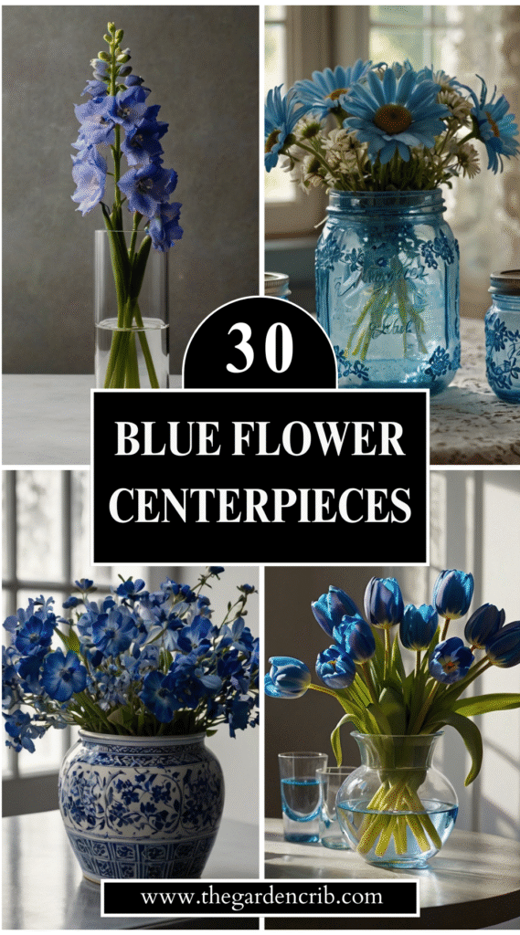 A curated collection of 30 unique blue flower centerpieces blending elegance, romance, and creativity. From rustic jars to luxe domes, each floral design enhances tablescapes with dreamy blue hues and artistic flair.