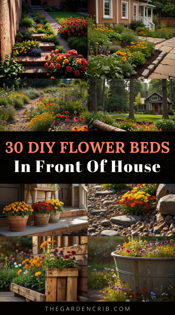 DIY flower beds in front of house featuring creative borders, vibrant flowers, and upcycled materials. Perfect for enhancing curb appeal with easy, budget-friendly landscaping ideas.
