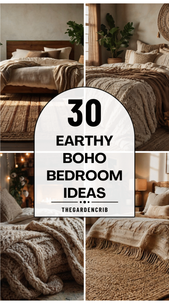 Earthy boho bedroom ideas blending natural textures, muted tones, rustic wood, and cozy layers. Vintage accents, woven pieces, plants, and soft lighting create relaxed, grounded spaces.