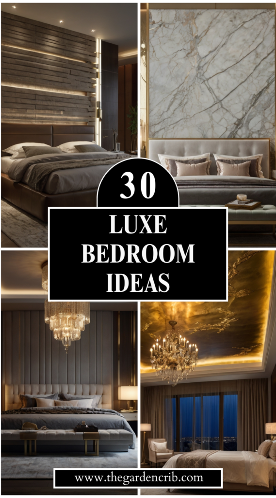 Luxe bedroom ideas showcasing velvet drapery, gold accents, statement walls, and artistic details. Each design blends rich textures with elegance for a sophisticated, upscale atmosphere.